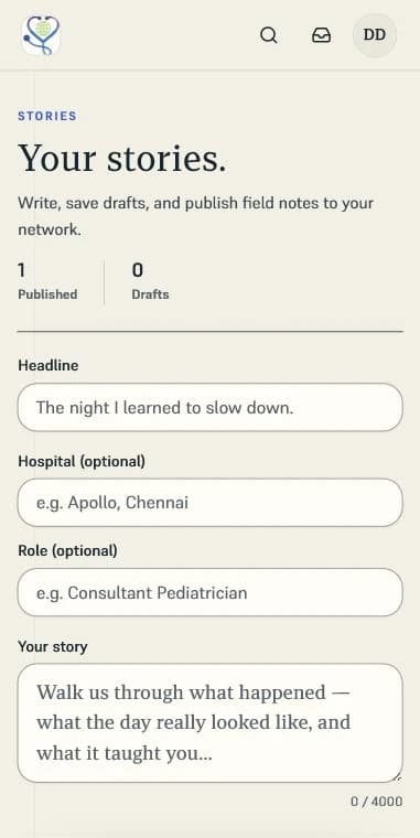 StethNet story composer on a phone